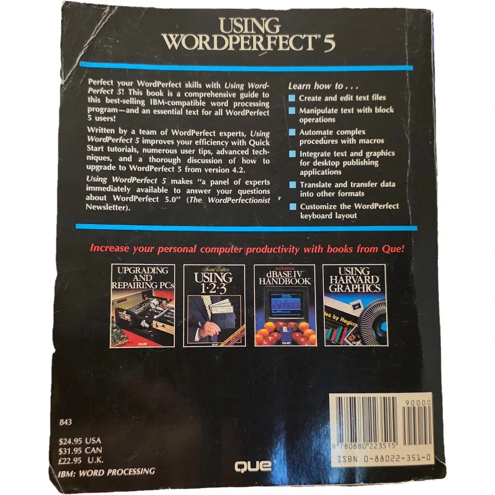 Using WordPerfect 5 Special Edition Que Book Stewart Vintage PC Software 1988